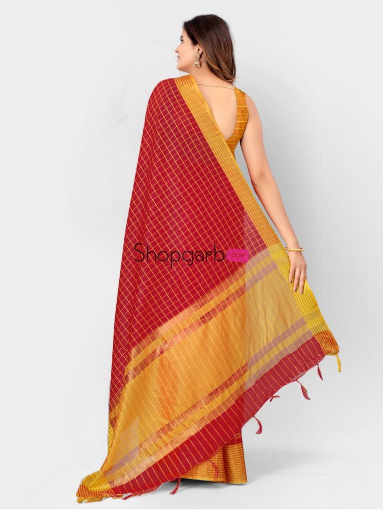 Red And Yellow Linen Woven Design Silk Cotton Blissful Saree
