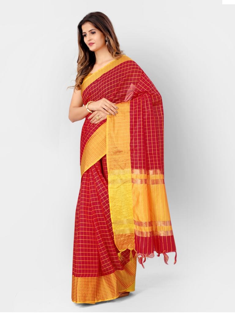 Red And Yellow Linen Woven Design Silk Cotton Blissful Saree