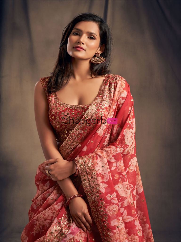 Red Floral Printed Lehenga Choli With Sequins Zari Embroidery Work