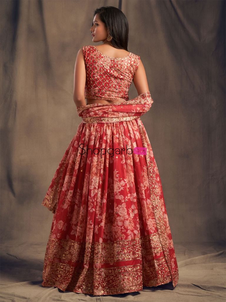 Red Floral Printed Lehenga Choli With Sequins Zari Embroidery Work