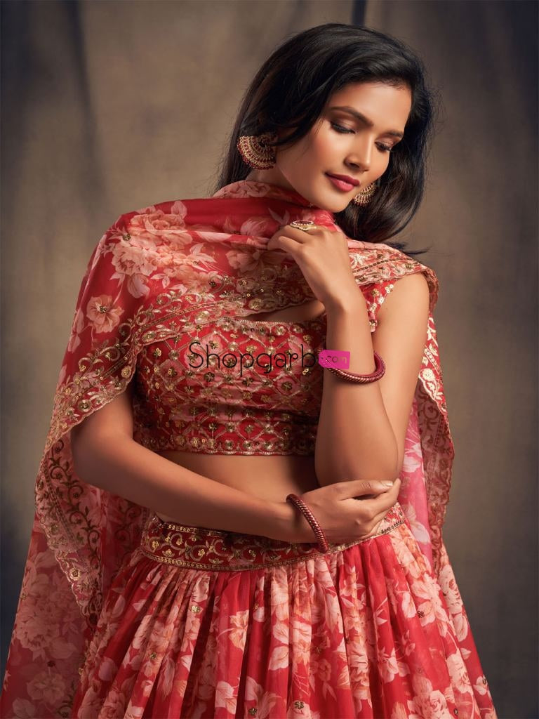 Red Floral Printed Lehenga Choli With Sequins Zari Embroidery Work