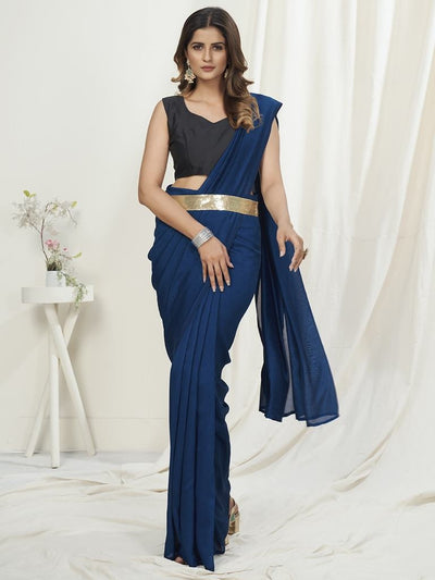 Royal Blue Ready To Wear One Minute Saree In Satin Silk
