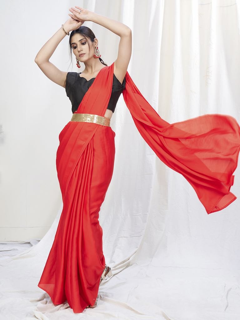Scarlet Red Ready To Wear One Minute Lycra Saree