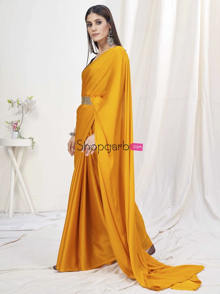 Sunshine Orange Pre-Stitched Blended Silk Saree