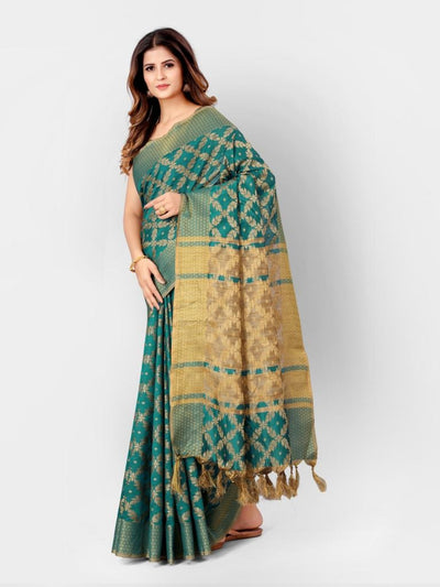 Teal And Gold Banarasi Cotton Silk Kanjeevaram Style Saree With Stylish Blouse