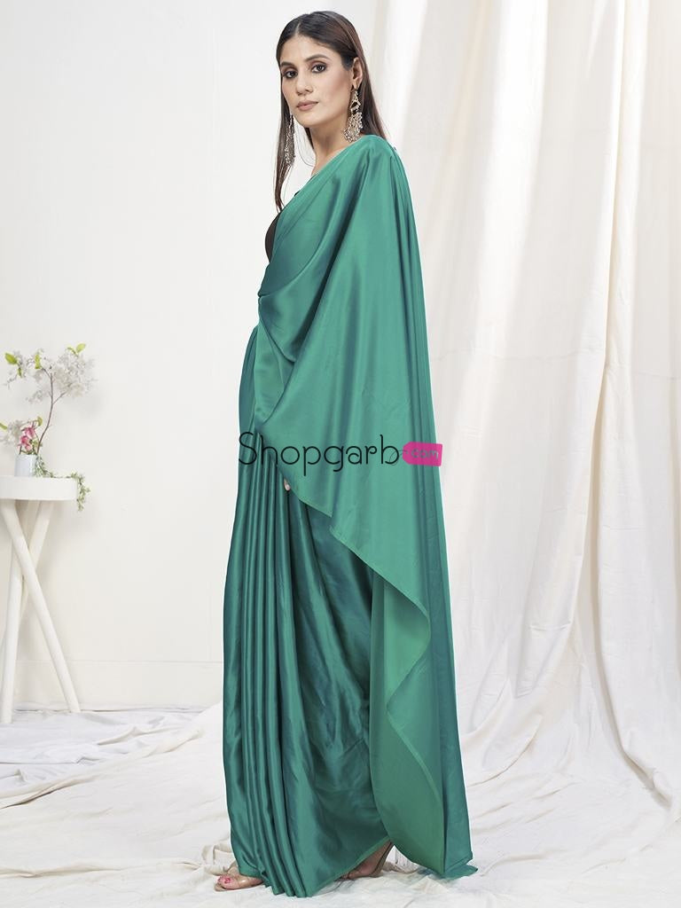 Teal Green Pre-Stitched Blended Silk Saree