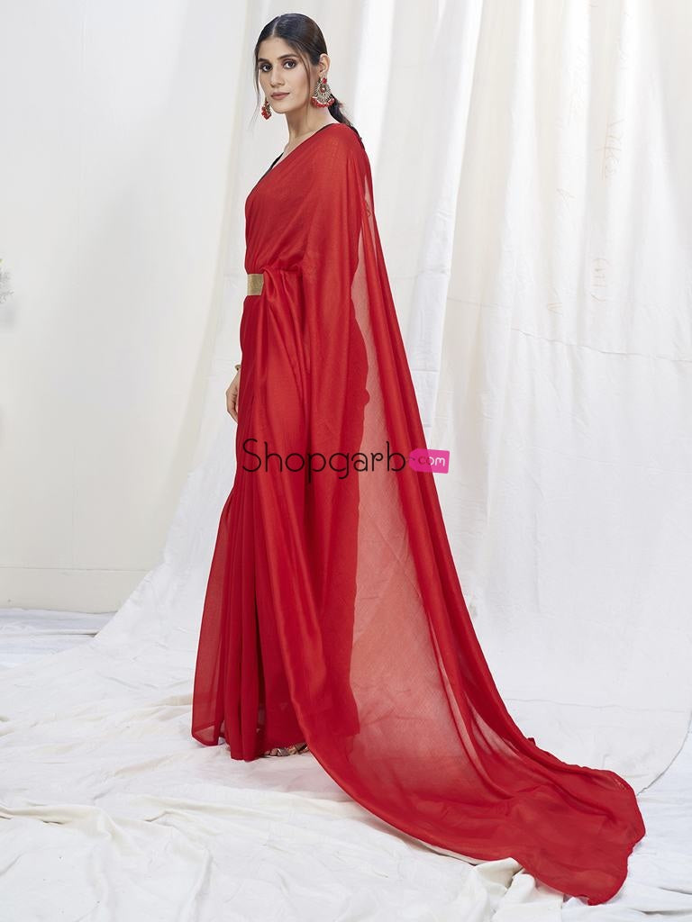 True Red Ready To Wear One Minute Lycra Saree