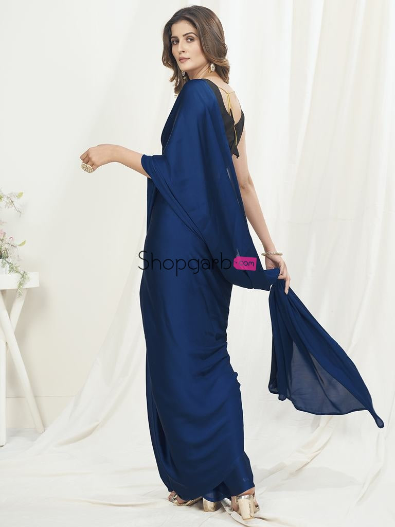 Unique Blue Ready To Wear One Minute Saree In Satin Silk