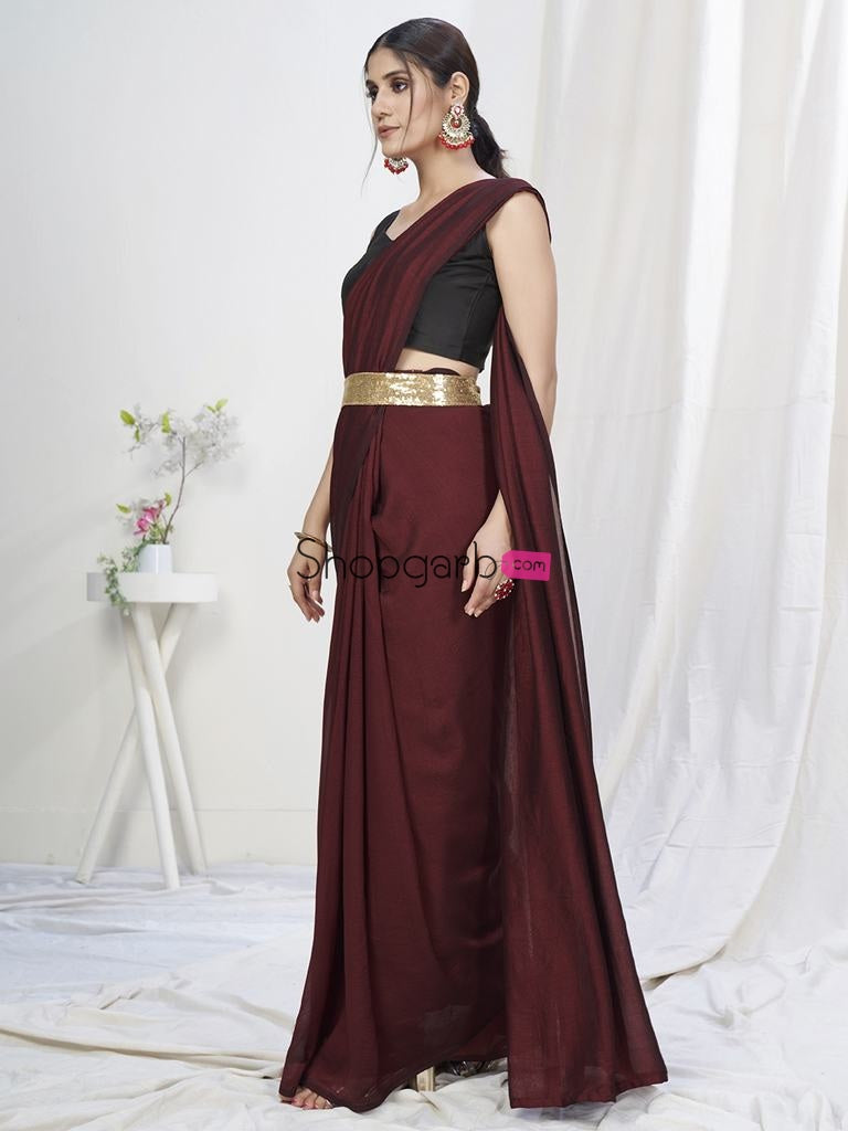 Wine Ready To Wear One Minute Lycra Saree