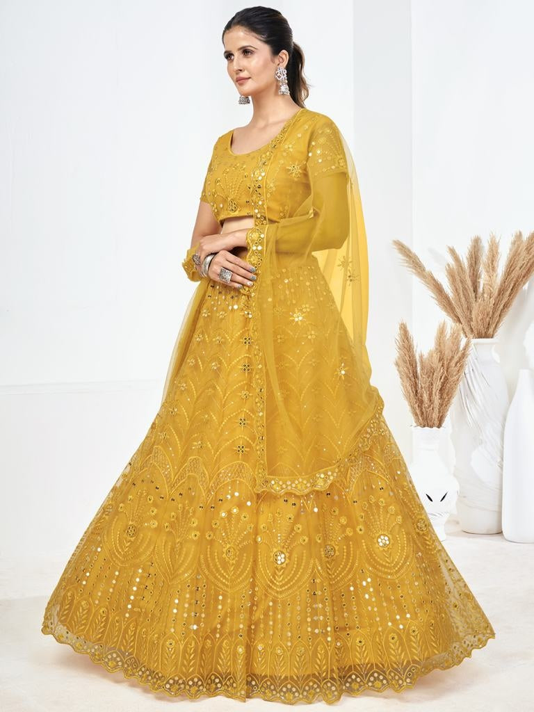 Yellow Sequins Embroidered Soft Net Festival Special Lehenga Choli