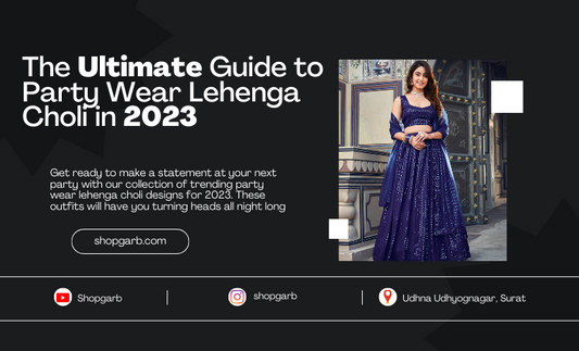 A woman in a beautiful party wear lehenga choli stands in front of a decorated backdrop. The outfit is embellished with intricate embroidery and features a voluminous skirt with a fitted blouse. Perfect for making a statement at any party or event.