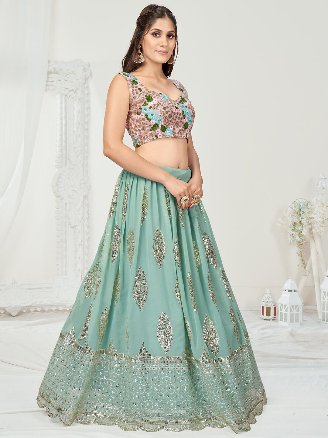 Pista Green & Pink Georgette Sequins Embroidered Sangeet Lehenga Choli