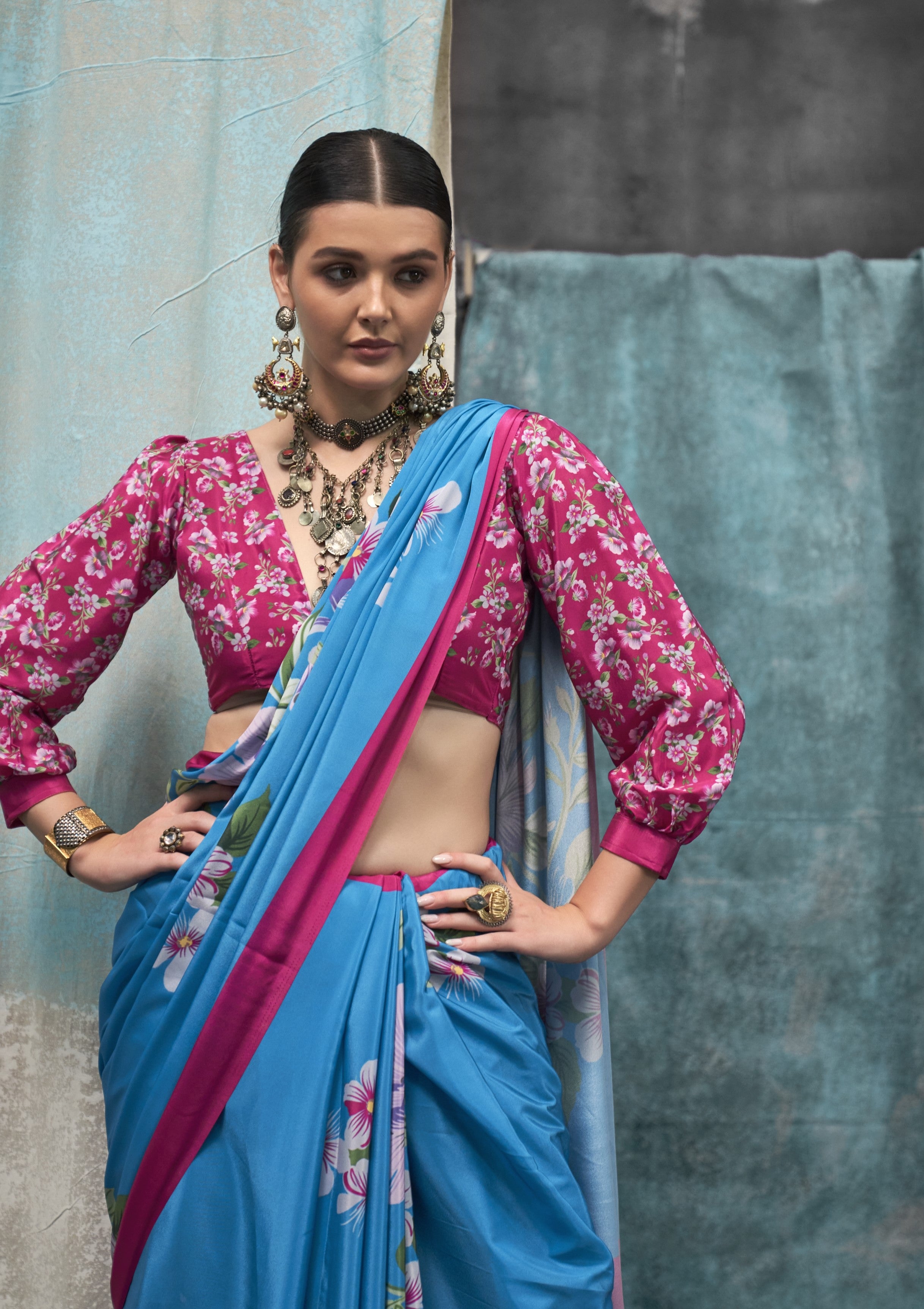Lapis Blue Pure Silk Crepe Digital Printed Fancy Saree