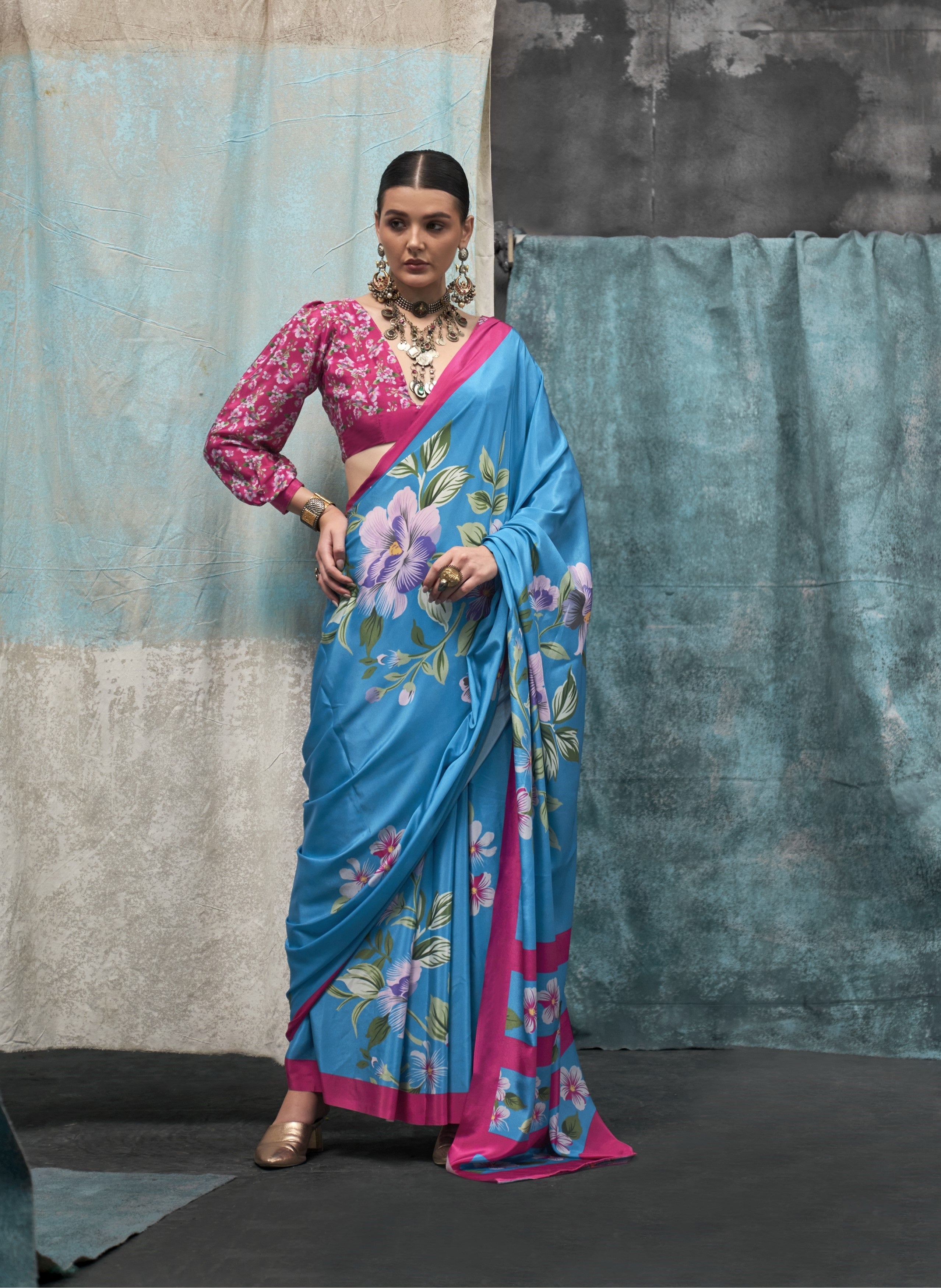 Lapis Blue Pure Silk Crepe Digital Printed Fancy Saree