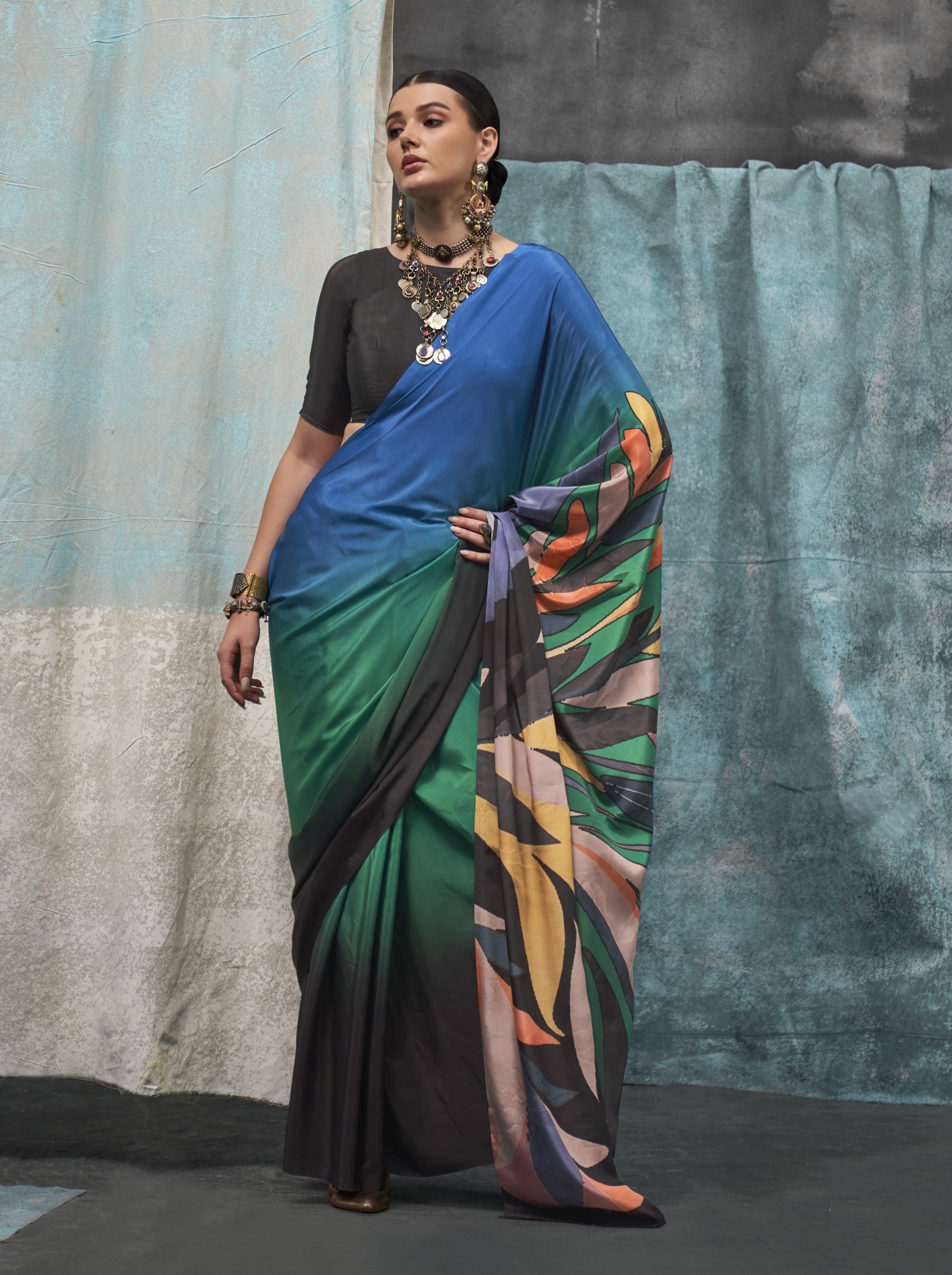 Blue & Multi Pure Silk Crepe Digital Printed Fancy Saree