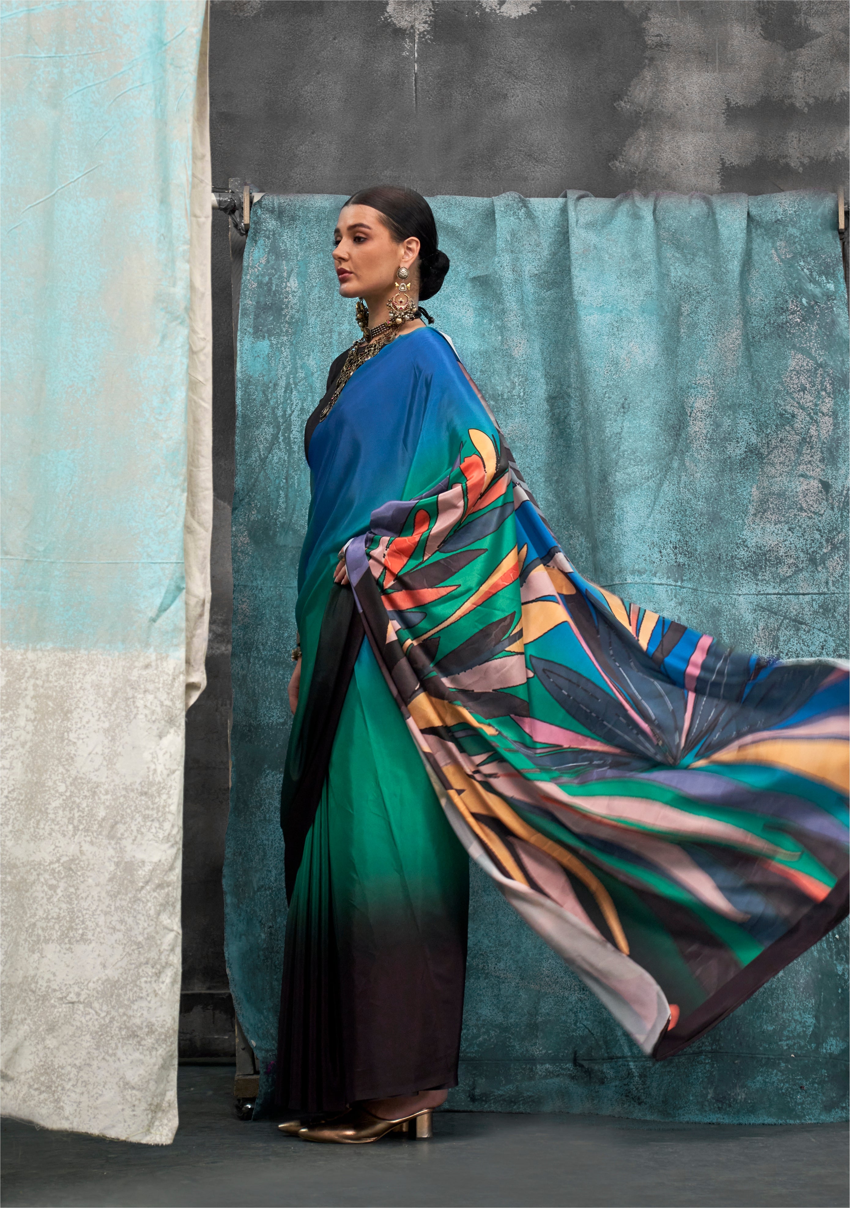 Blue & Multi Pure Silk Crepe Digital Printed Fancy Saree