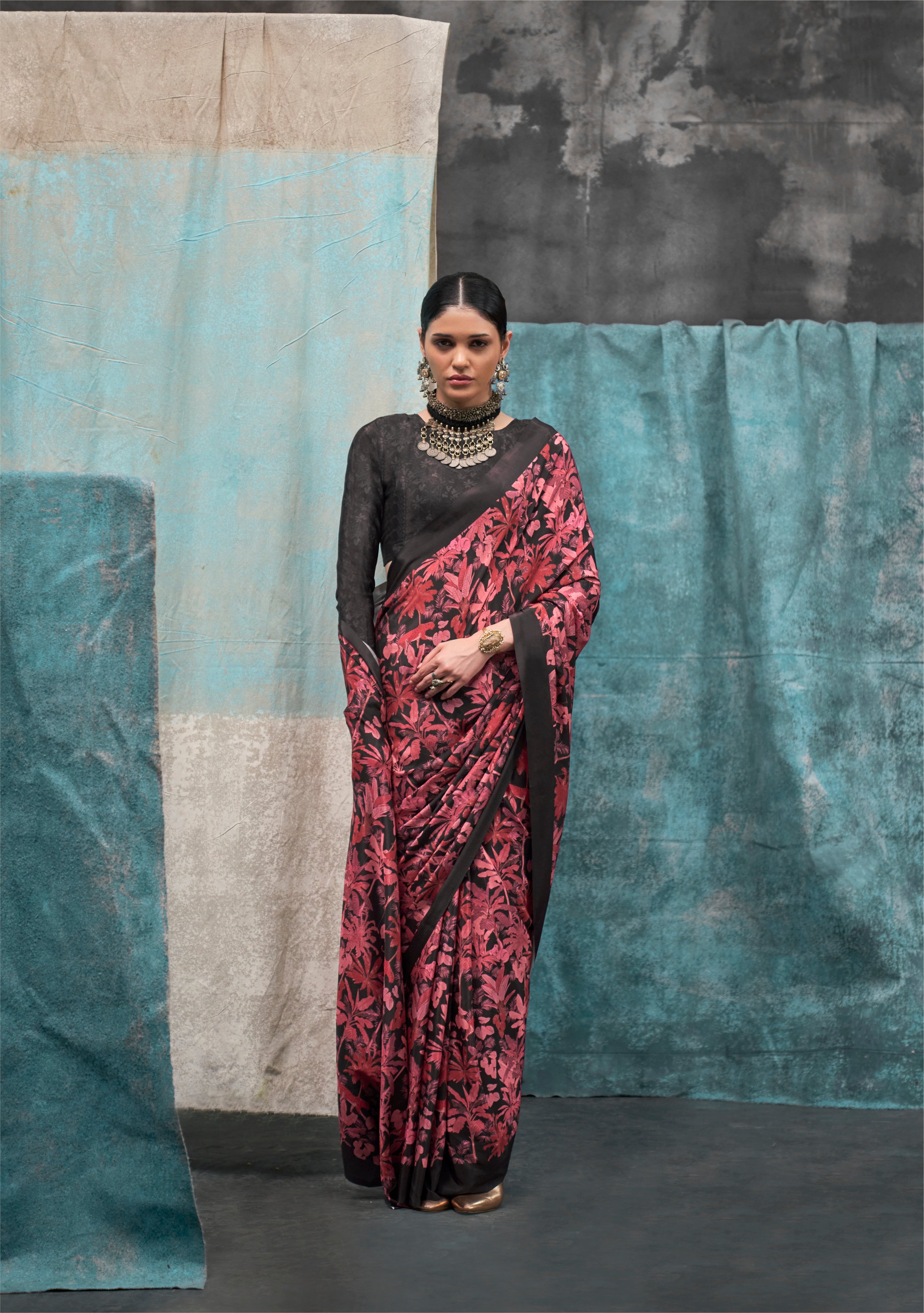 Red & Black Pure Silk Crepe Digital Printed Fancy Saree