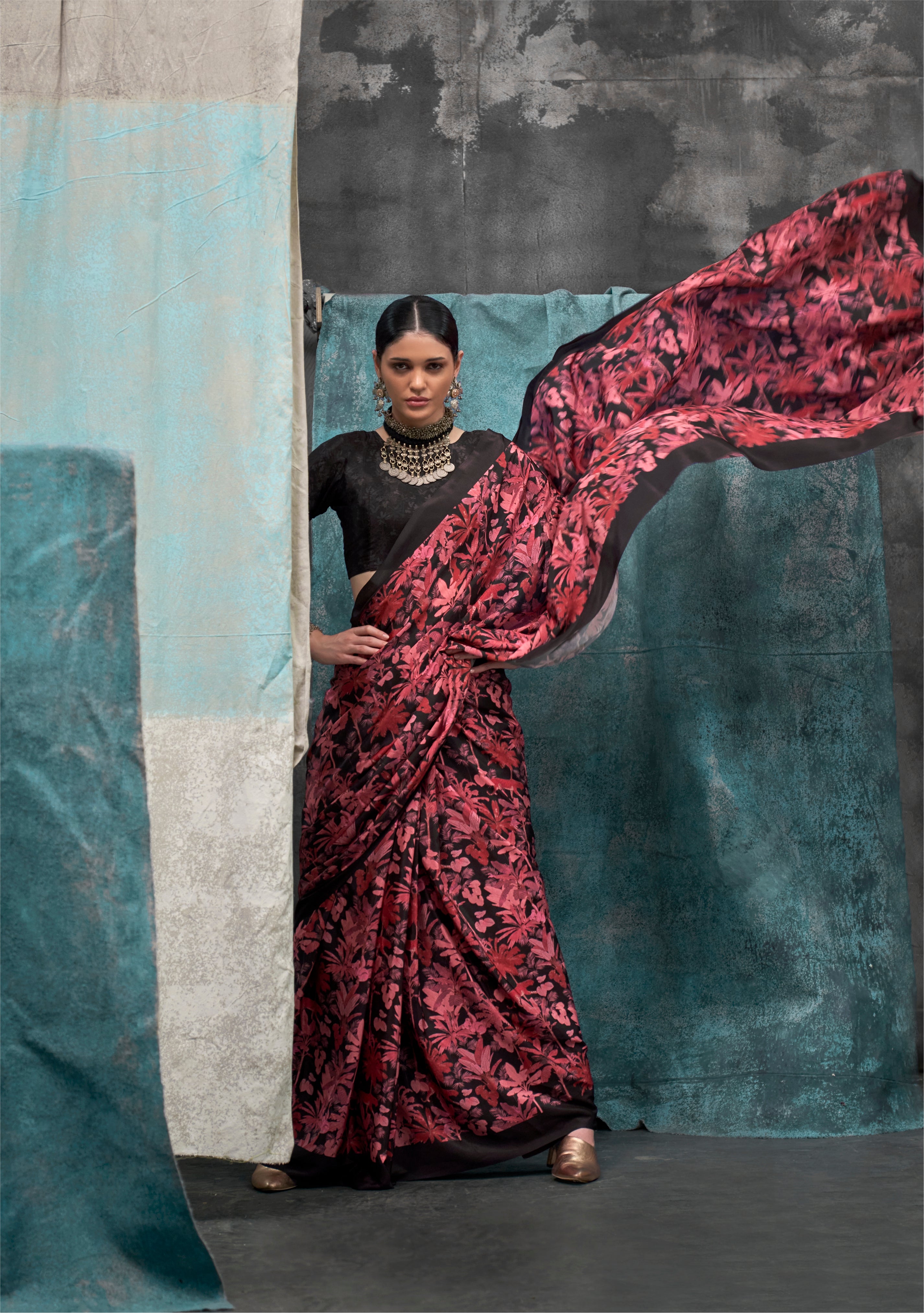 Red & Black Pure Silk Crepe Digital Printed Fancy Saree
