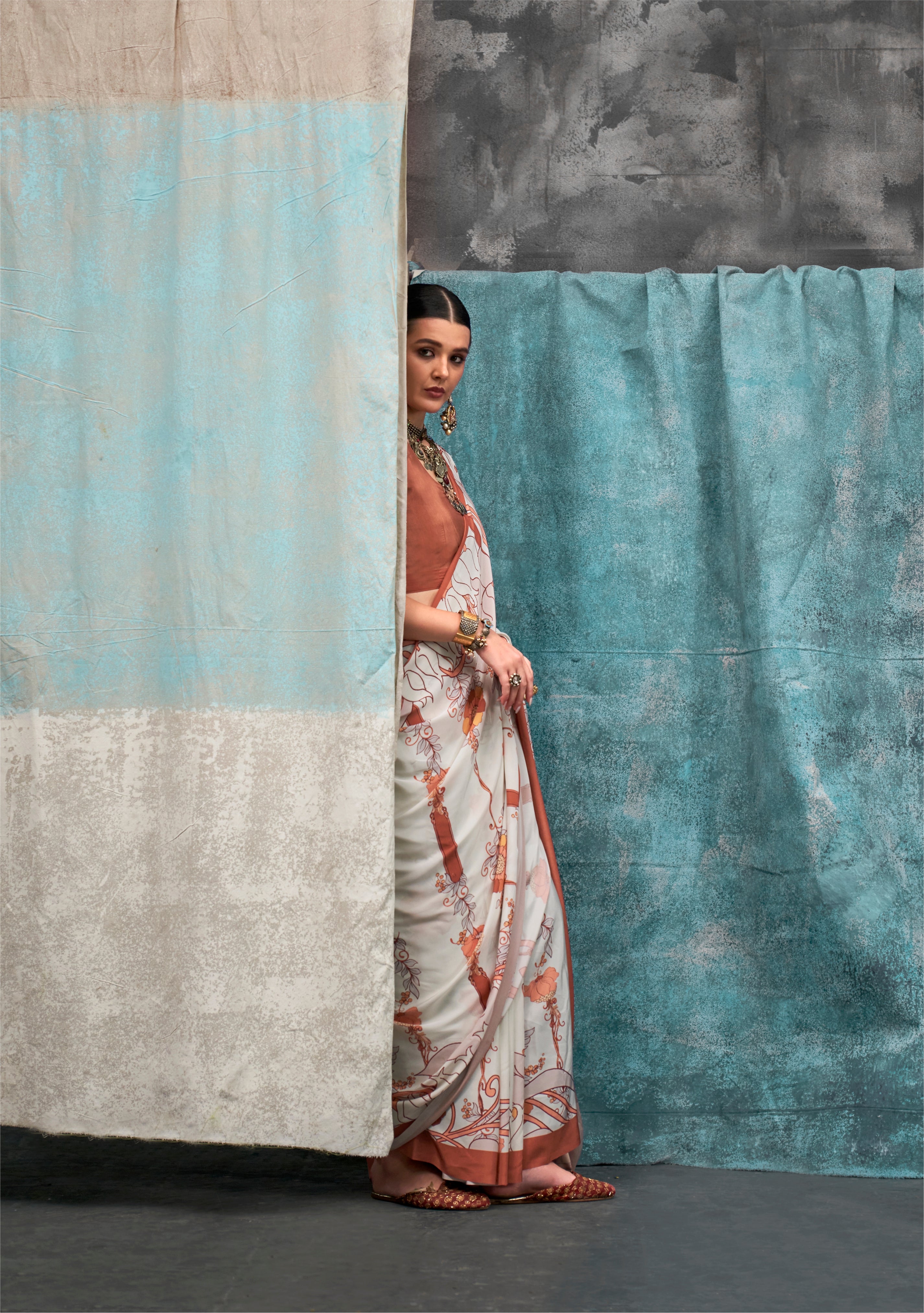 White & Brown Pure Silk Crepe Digital Printed Fancy Saree