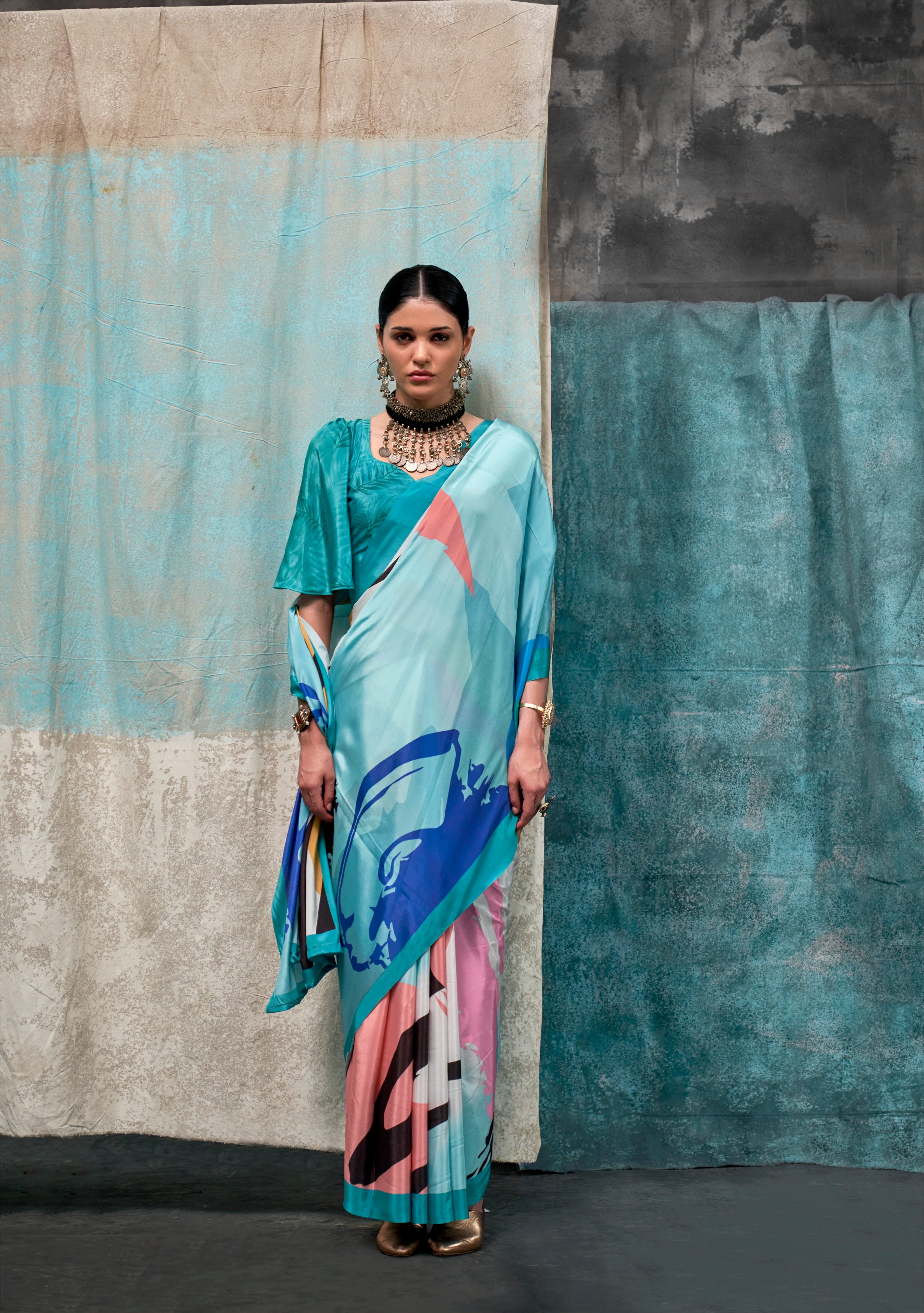 Light Blue & White Pure Silk Crepe Digital Printed Fancy Saree