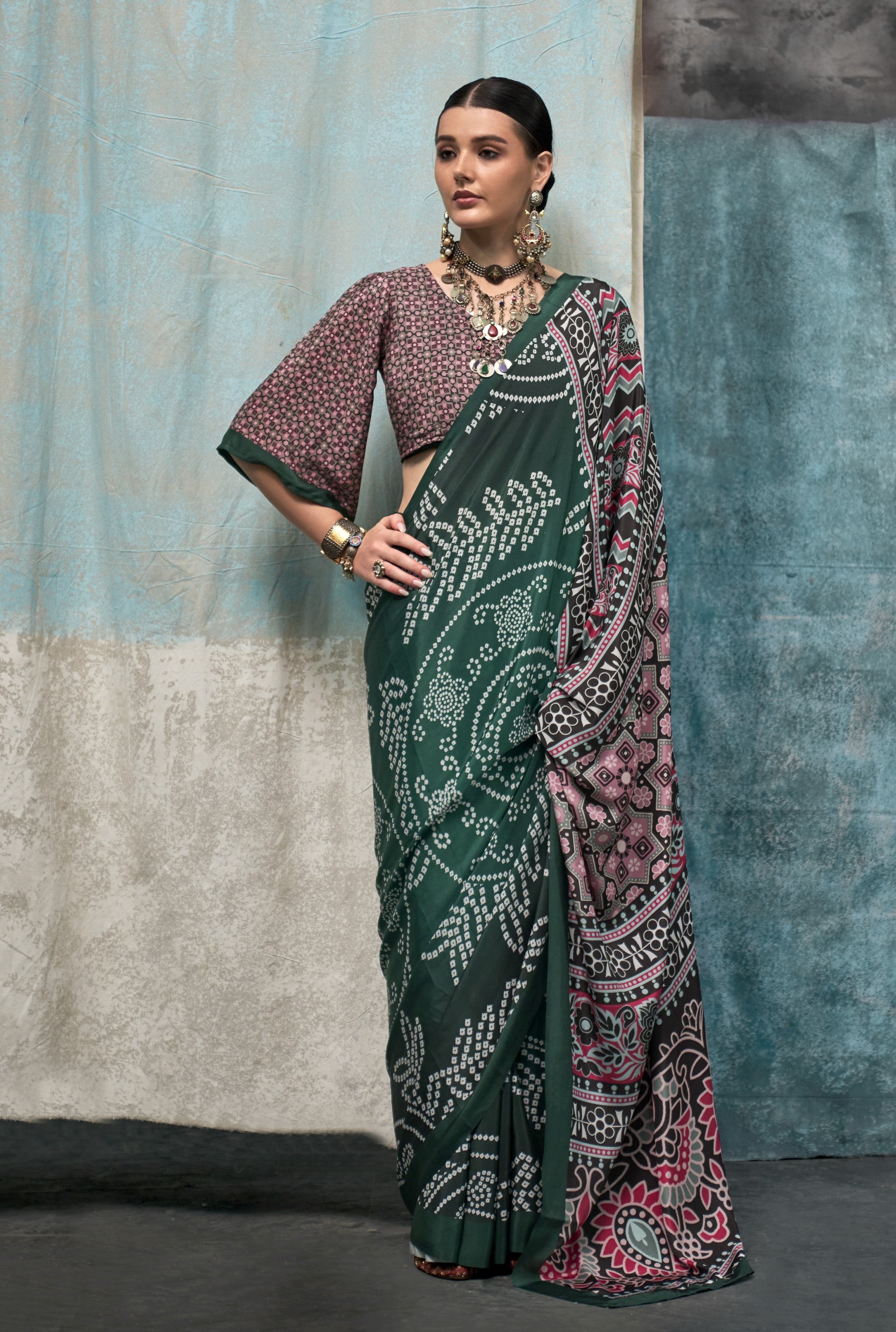 Green & Mauve Pure Silk Crepe Digital Printed Fancy Saree