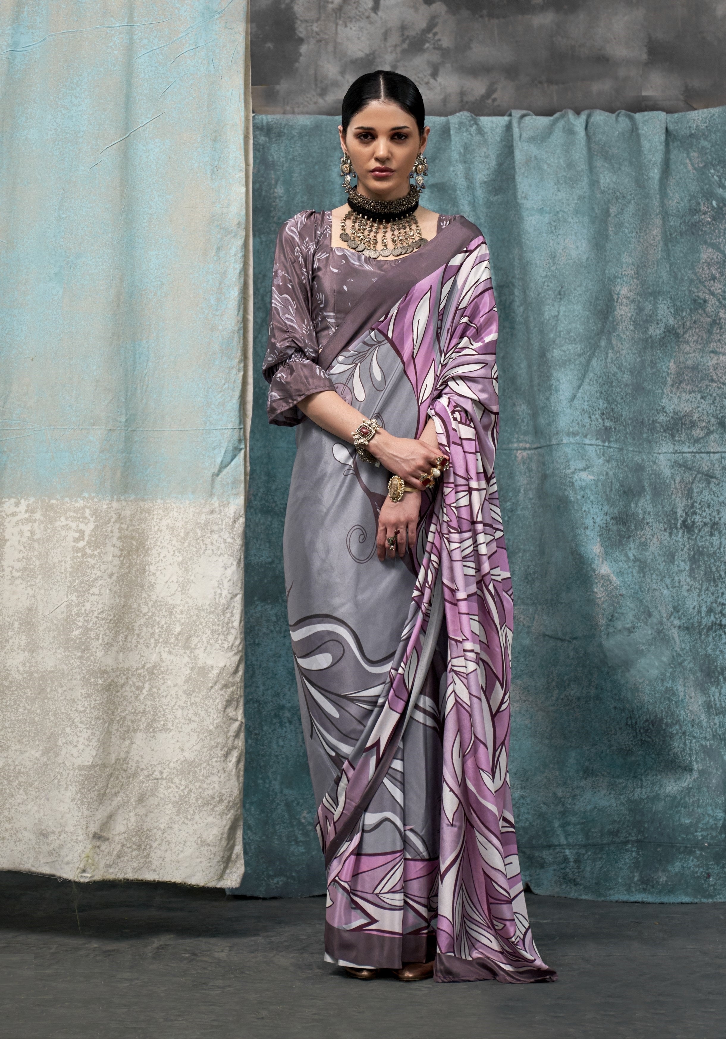 Purple & Grey Pure Silk Crepe Digital Printed Fancy Saree