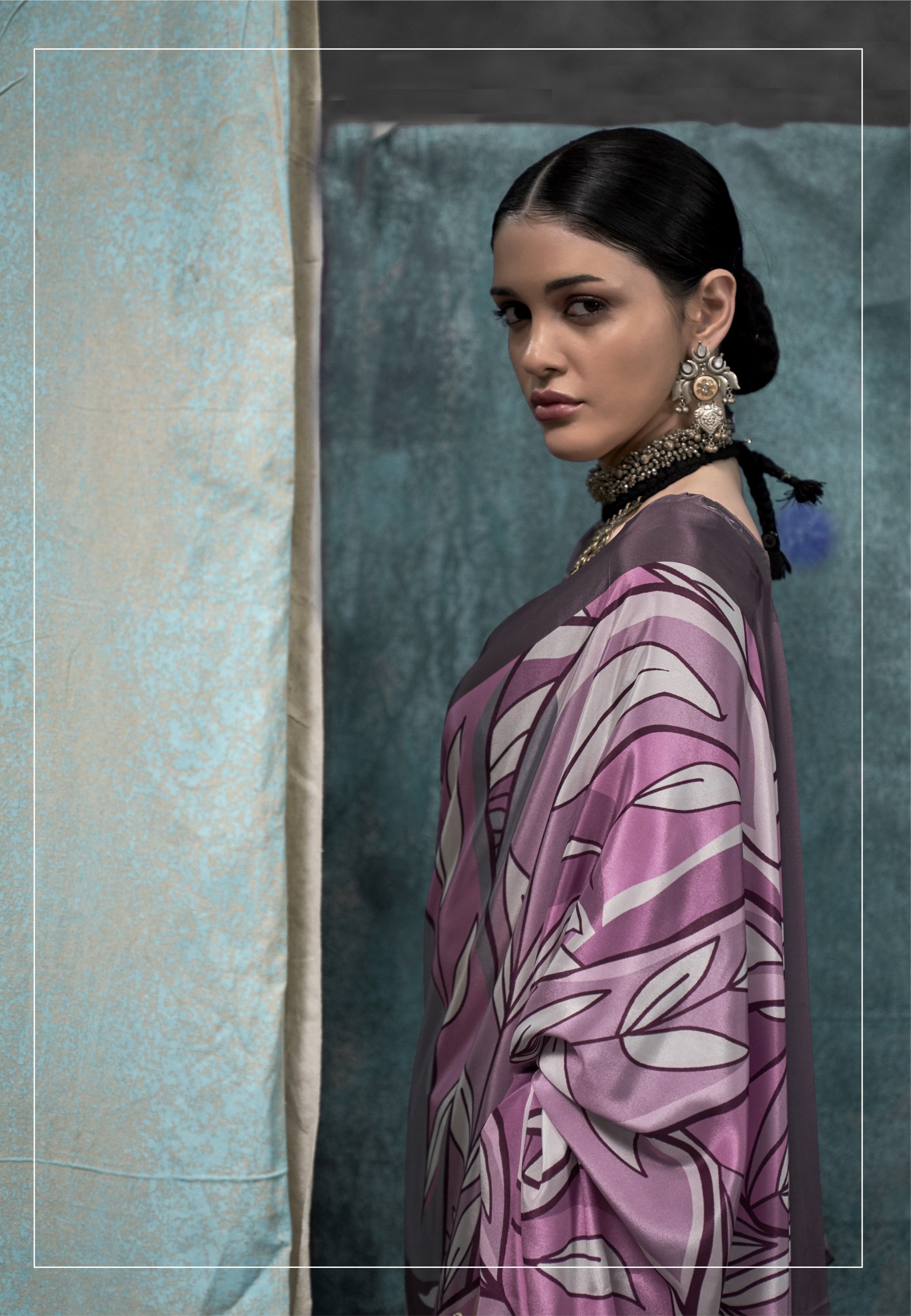Purple & Grey Pure Silk Crepe Digital Printed Fancy Saree
