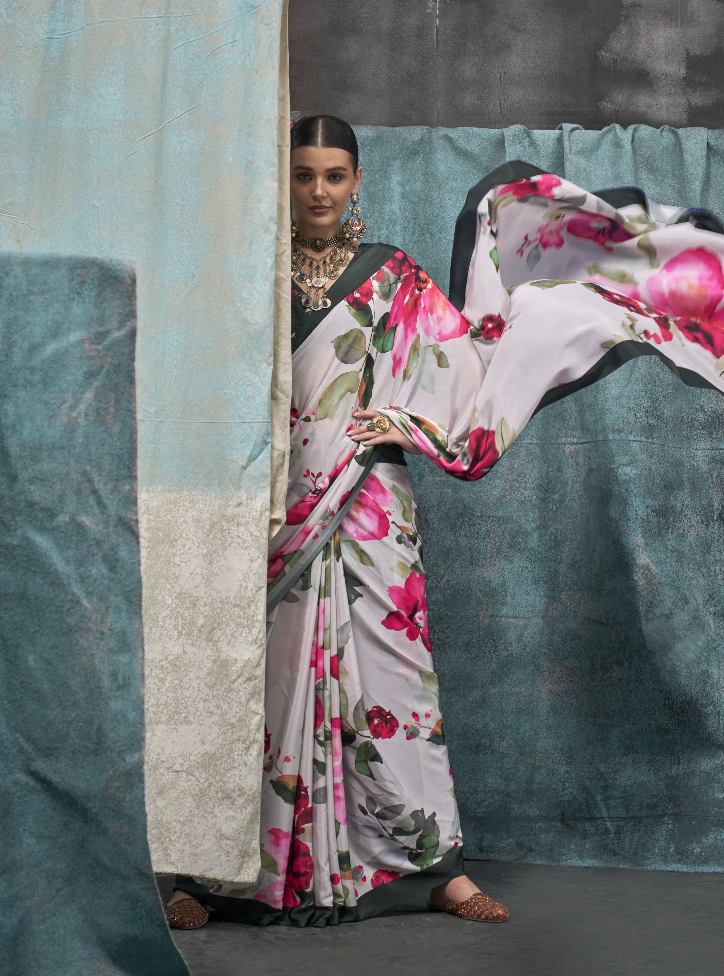 White & Green Pure Silk Crepe Digital Printed Fancy Saree