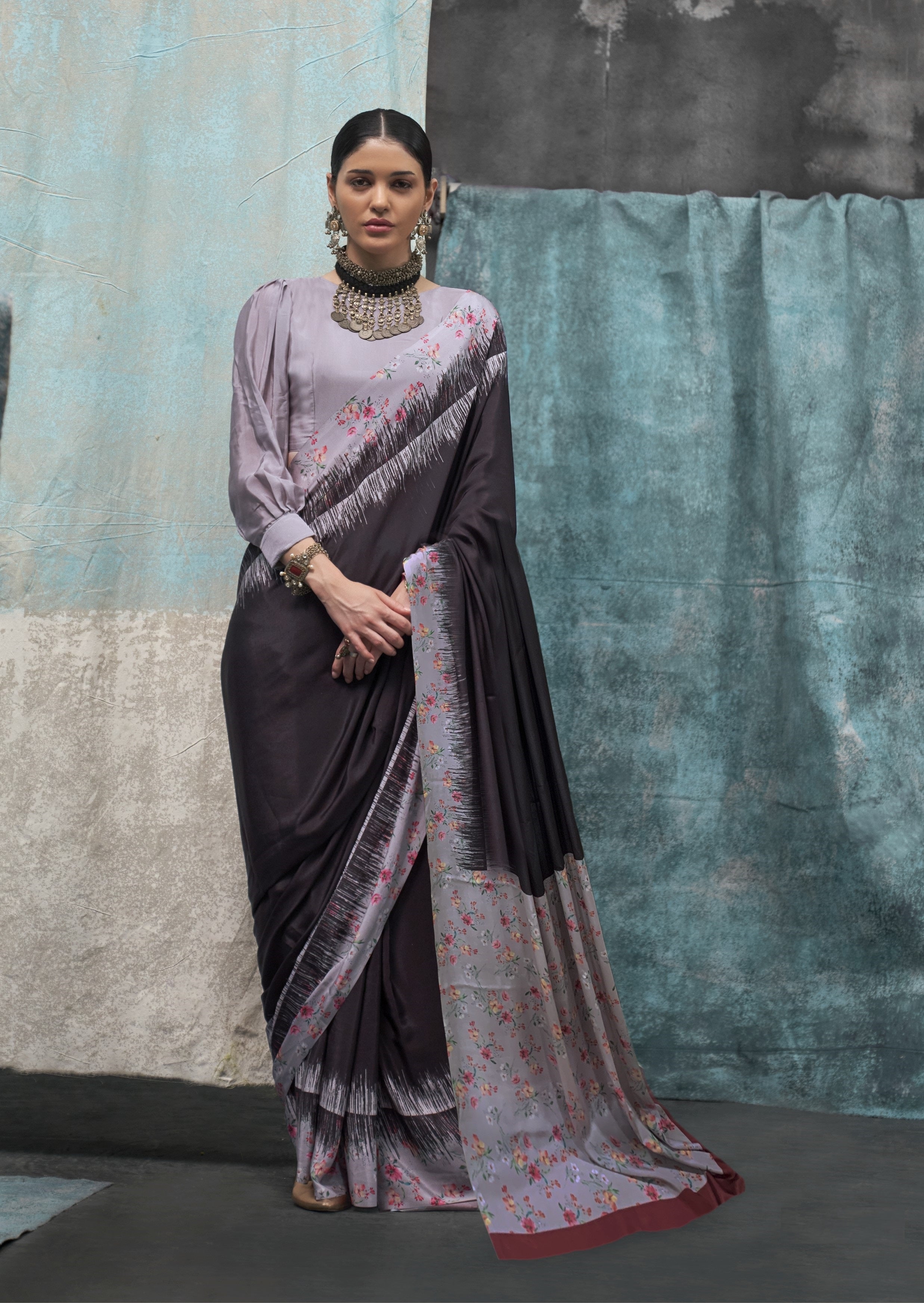 Dark Brown Pure Silk Crepe Digital Printed Fancy Saree
