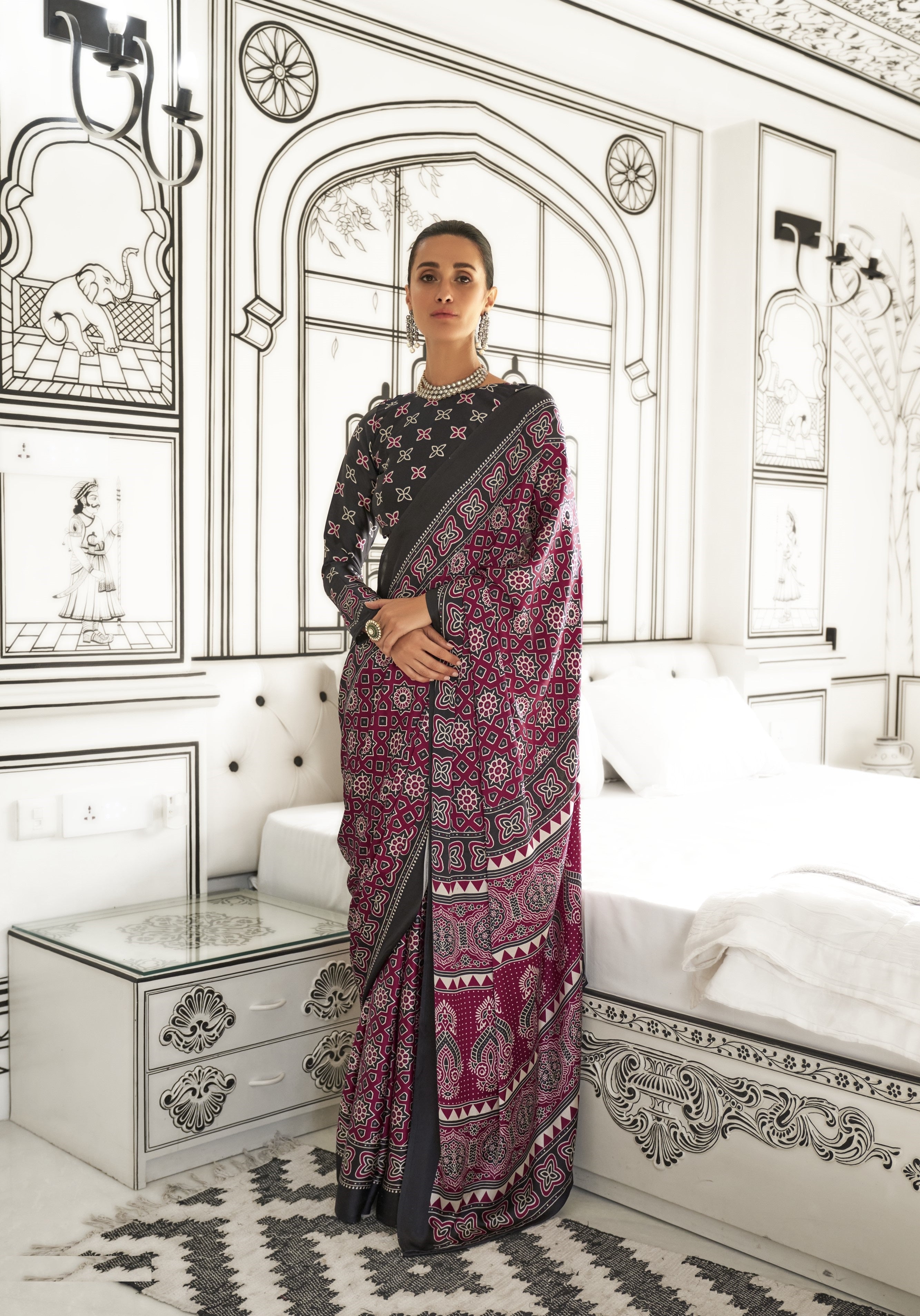 Maroon & Black Satin Crepe Ajrakh Printed Fancy Saree