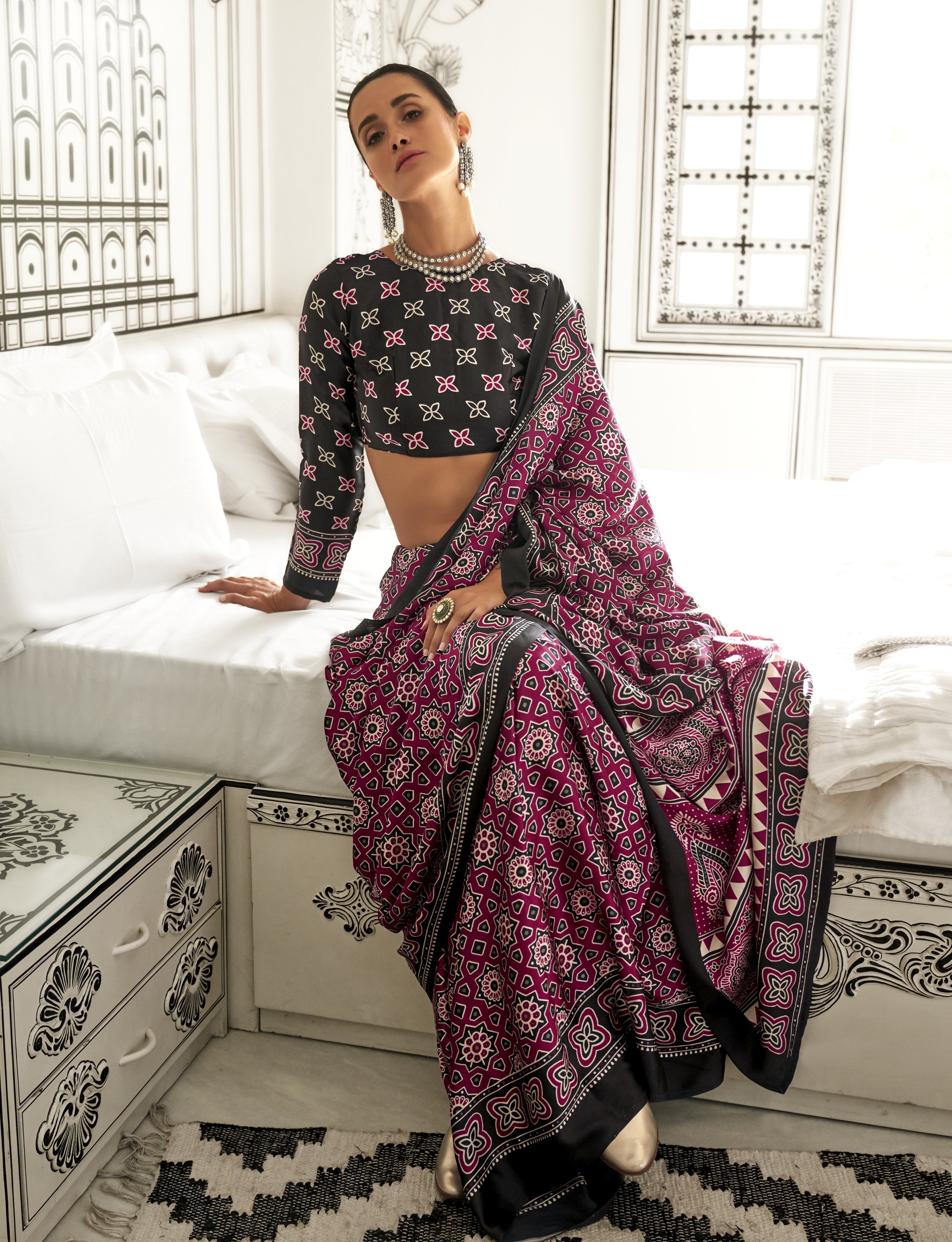 Maroon & Black Satin Crepe Ajrakh Printed Fancy Saree