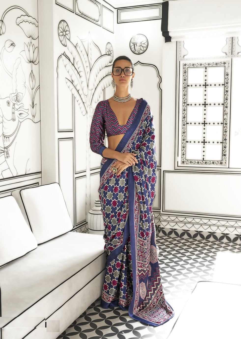Denim Blue & Multi Satin Crepe Ajrakh Printed Fancy Saree