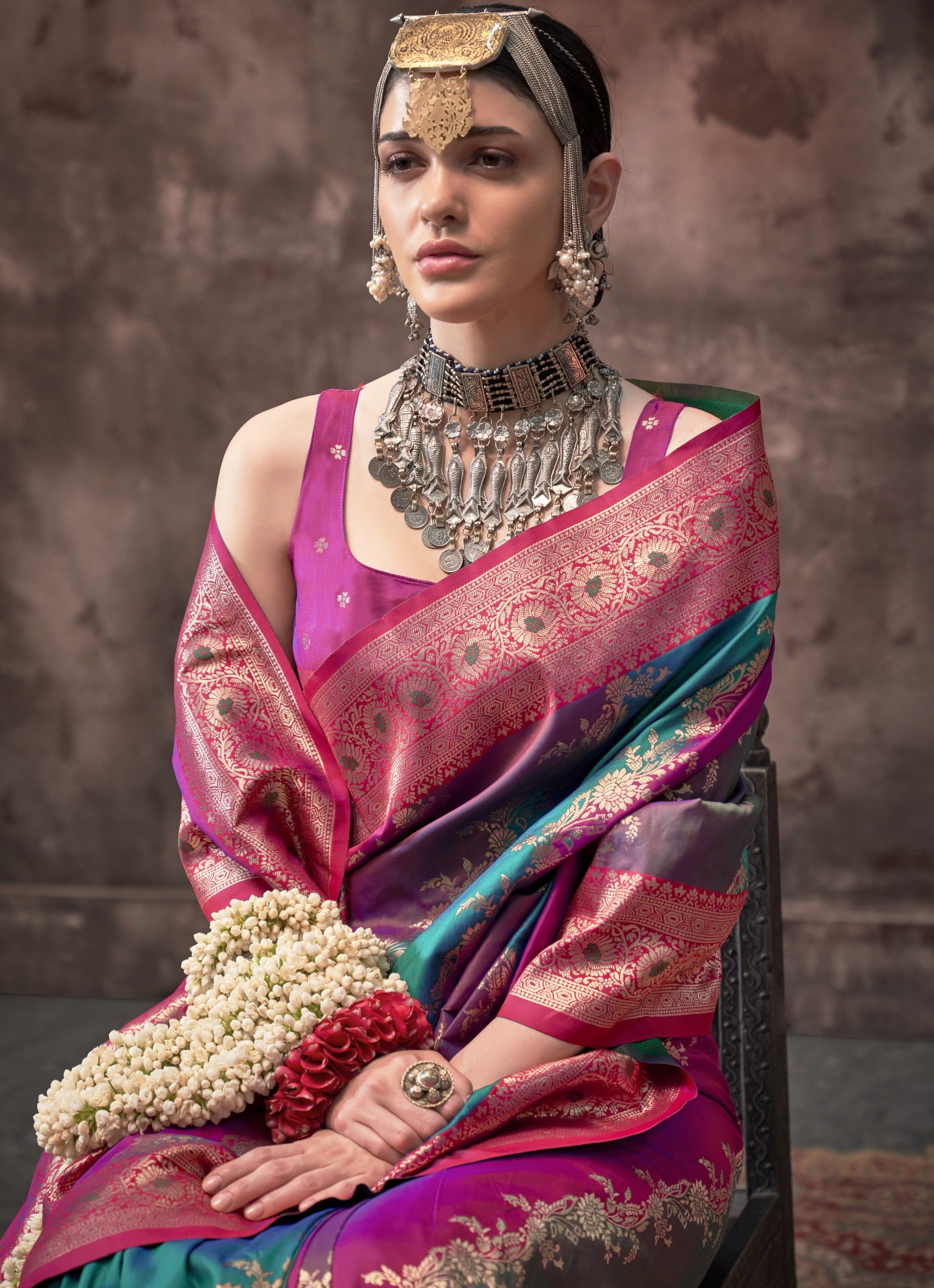 Pink & Multi Kookal Silk Handloom Woven Saree With Blouse