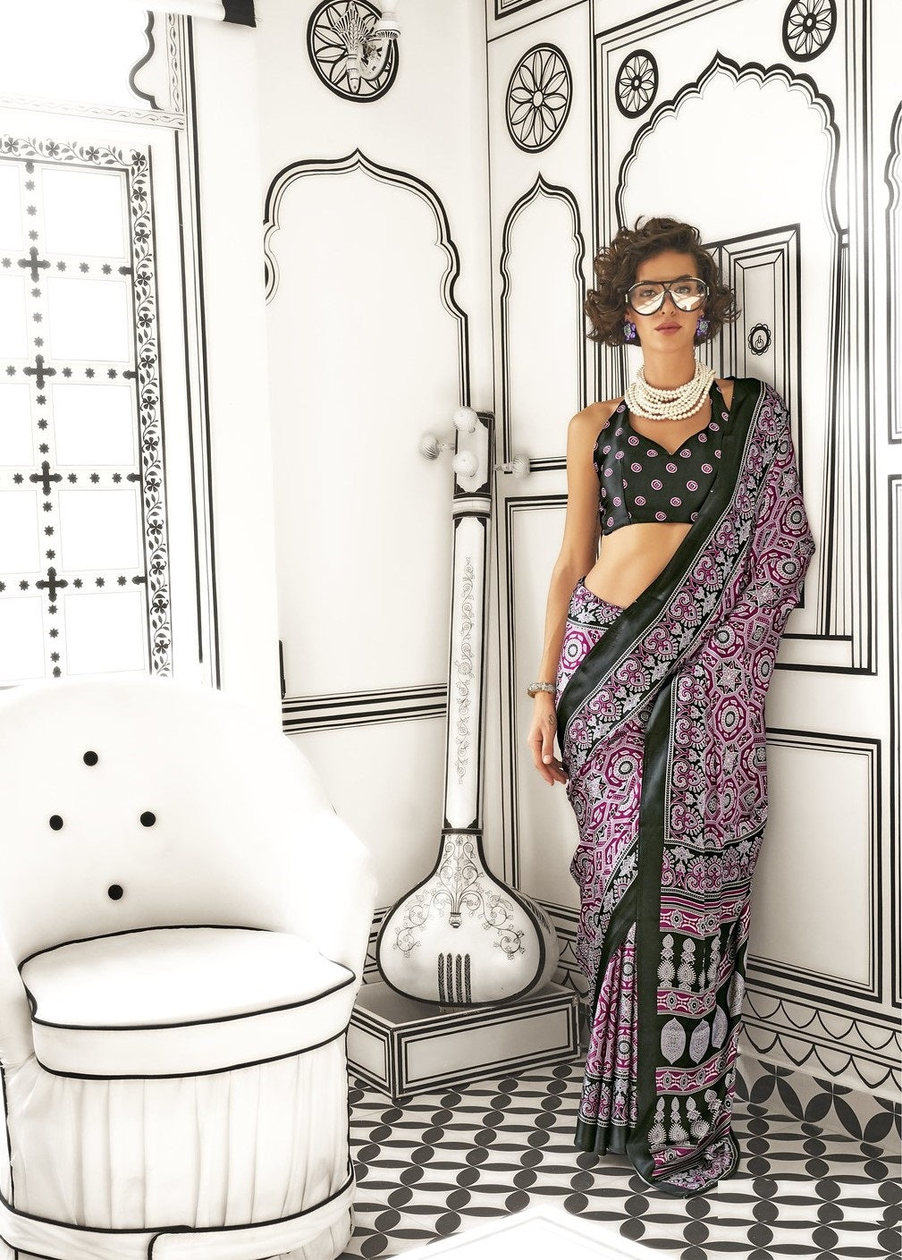 Magenta & Black Satin Crepe Ajrakh Printed Fancy Saree