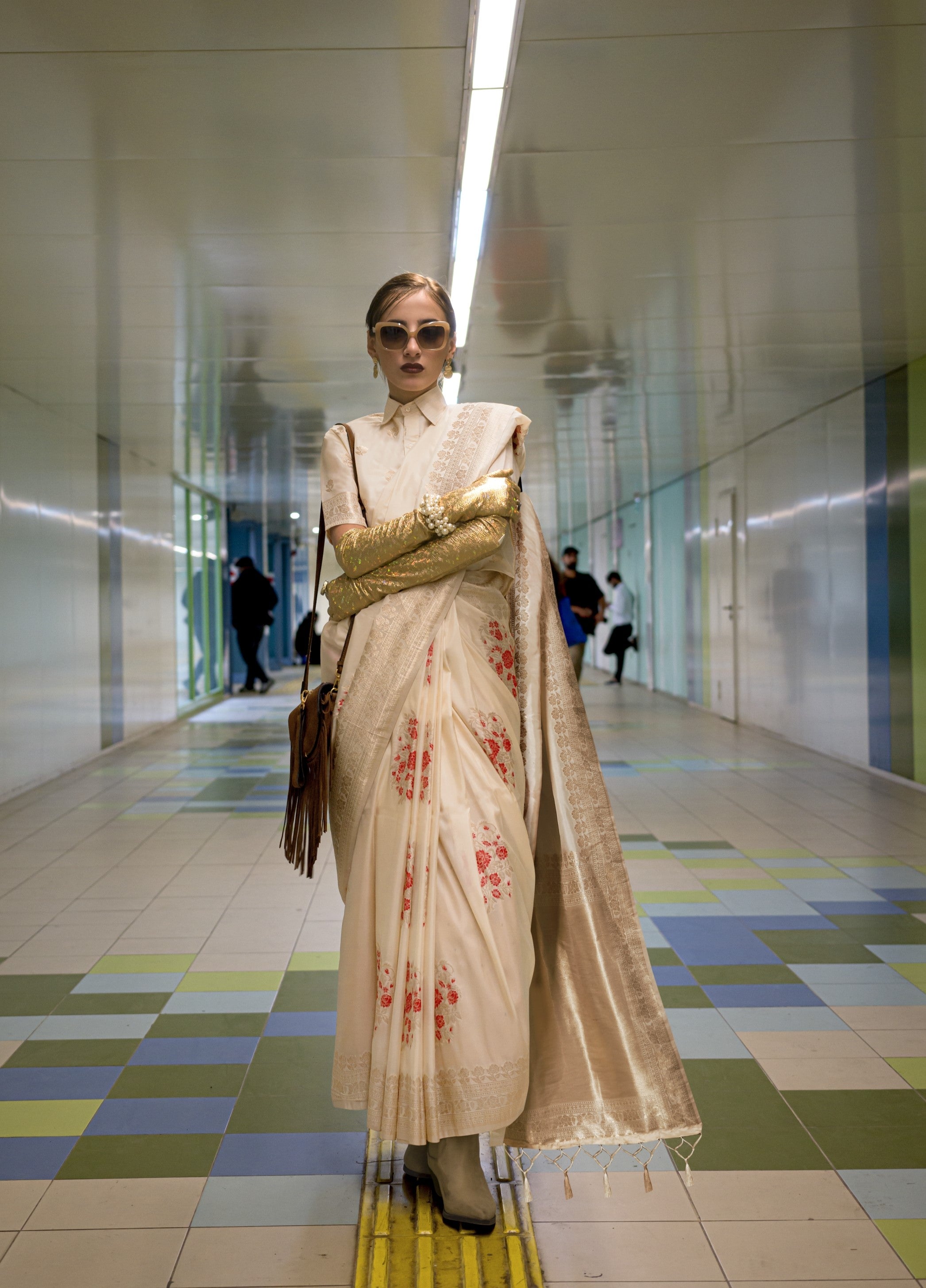 Beige Katan Silk Handloom Woven Designer Saree