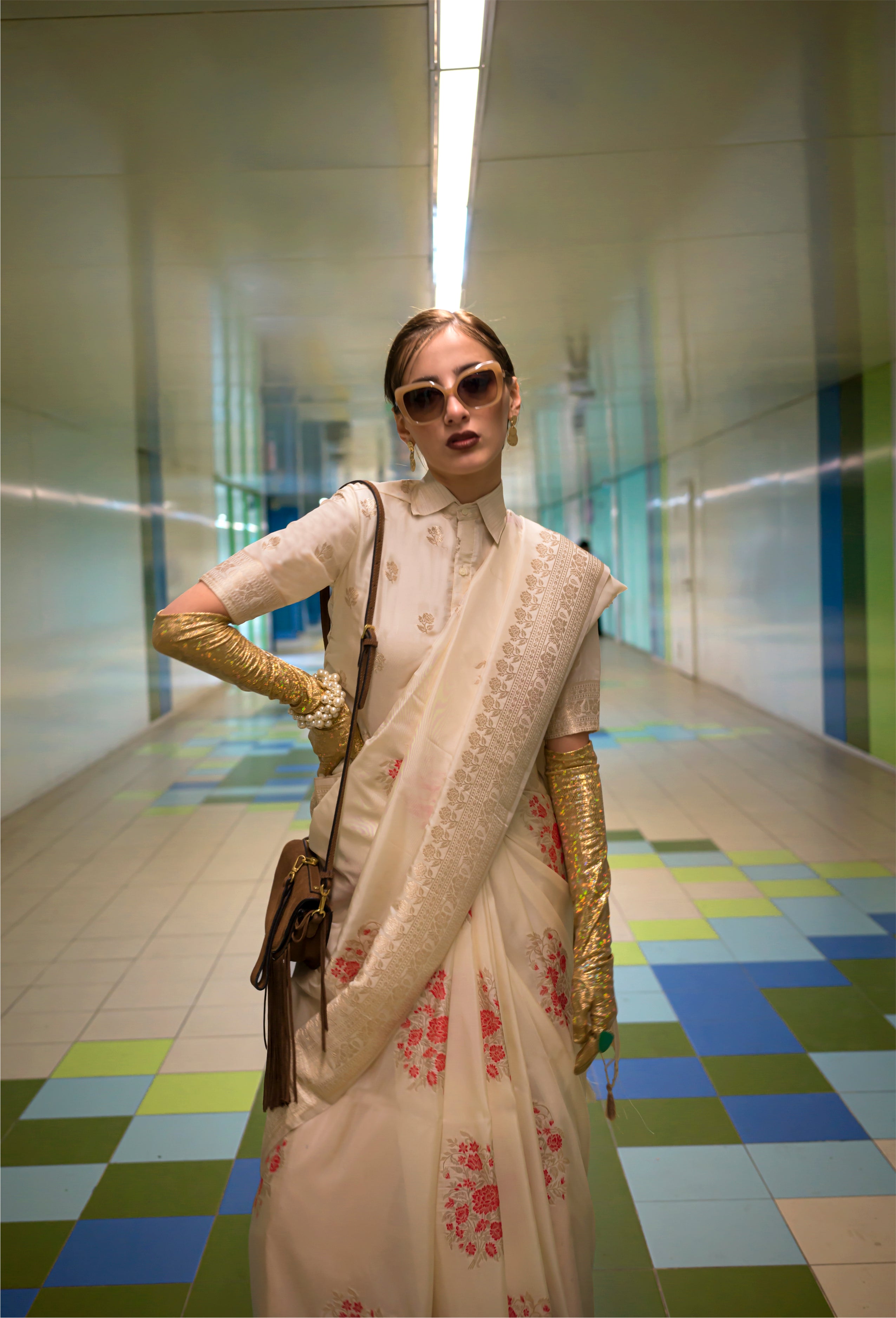 Beige Katan Silk Handloom Woven Designer Saree