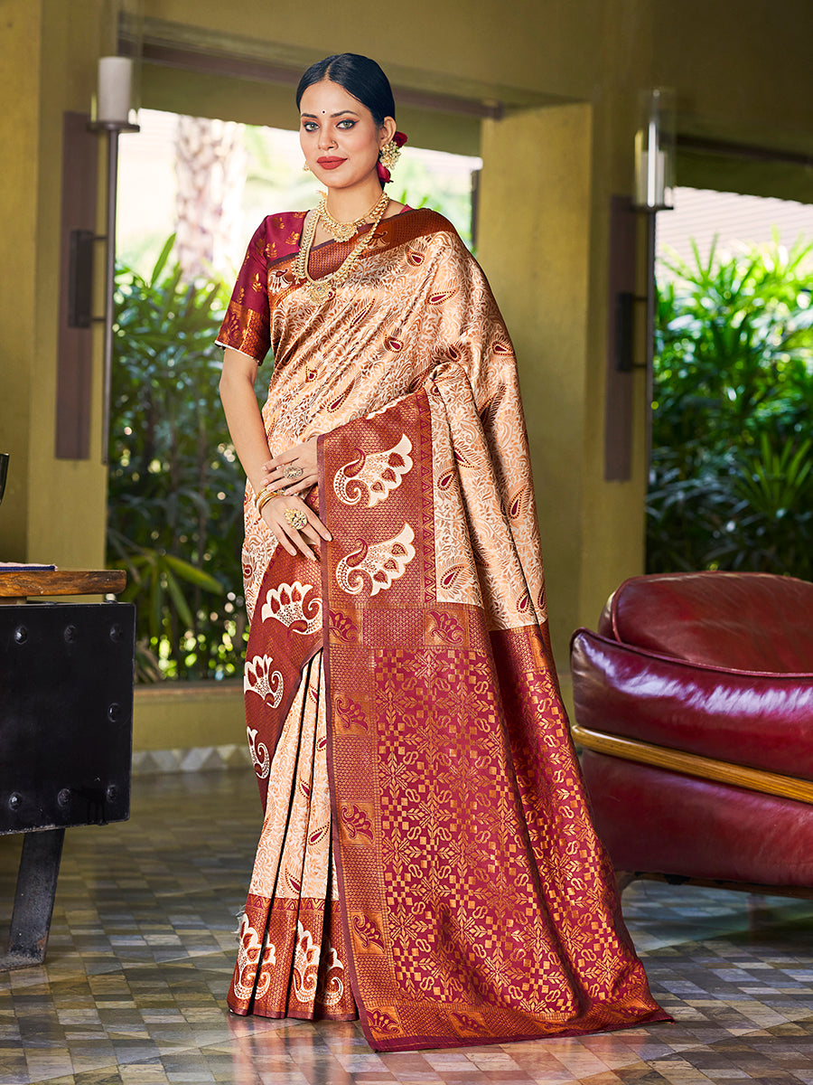 Cream & Maroon Banarasi Silk Woven Wedding Saree