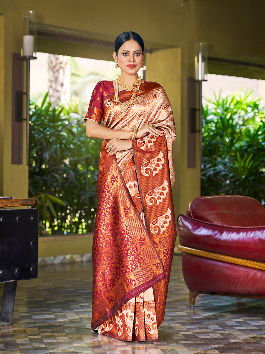 Cream & Maroon Banarasi Silk Woven Wedding Saree