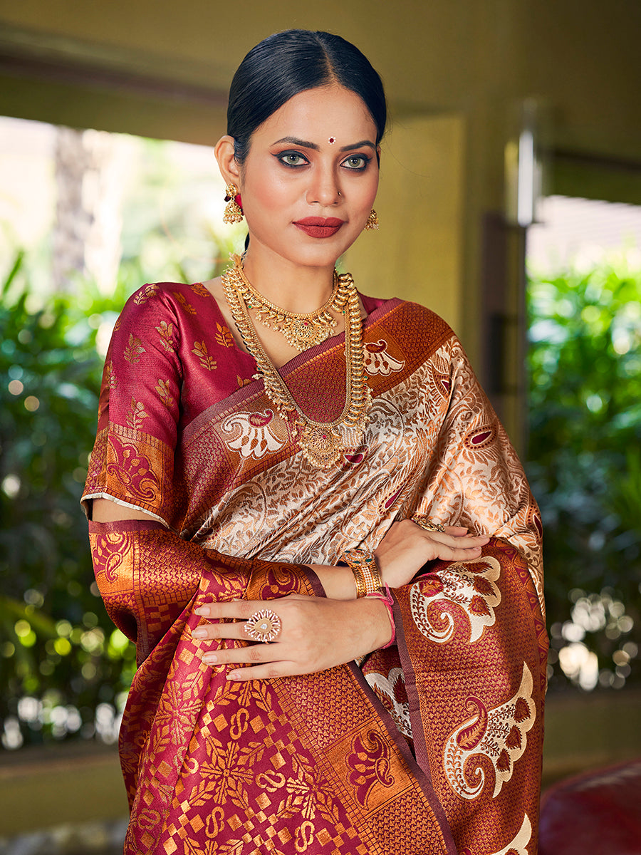 Cream & Maroon Banarasi Silk Woven Wedding Saree