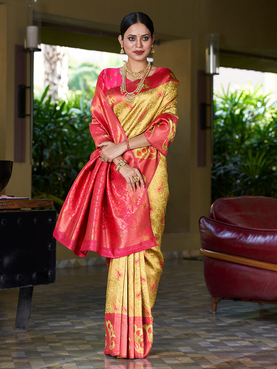 Yellow & Pink Banarasi Silk Woven Wedding Saree