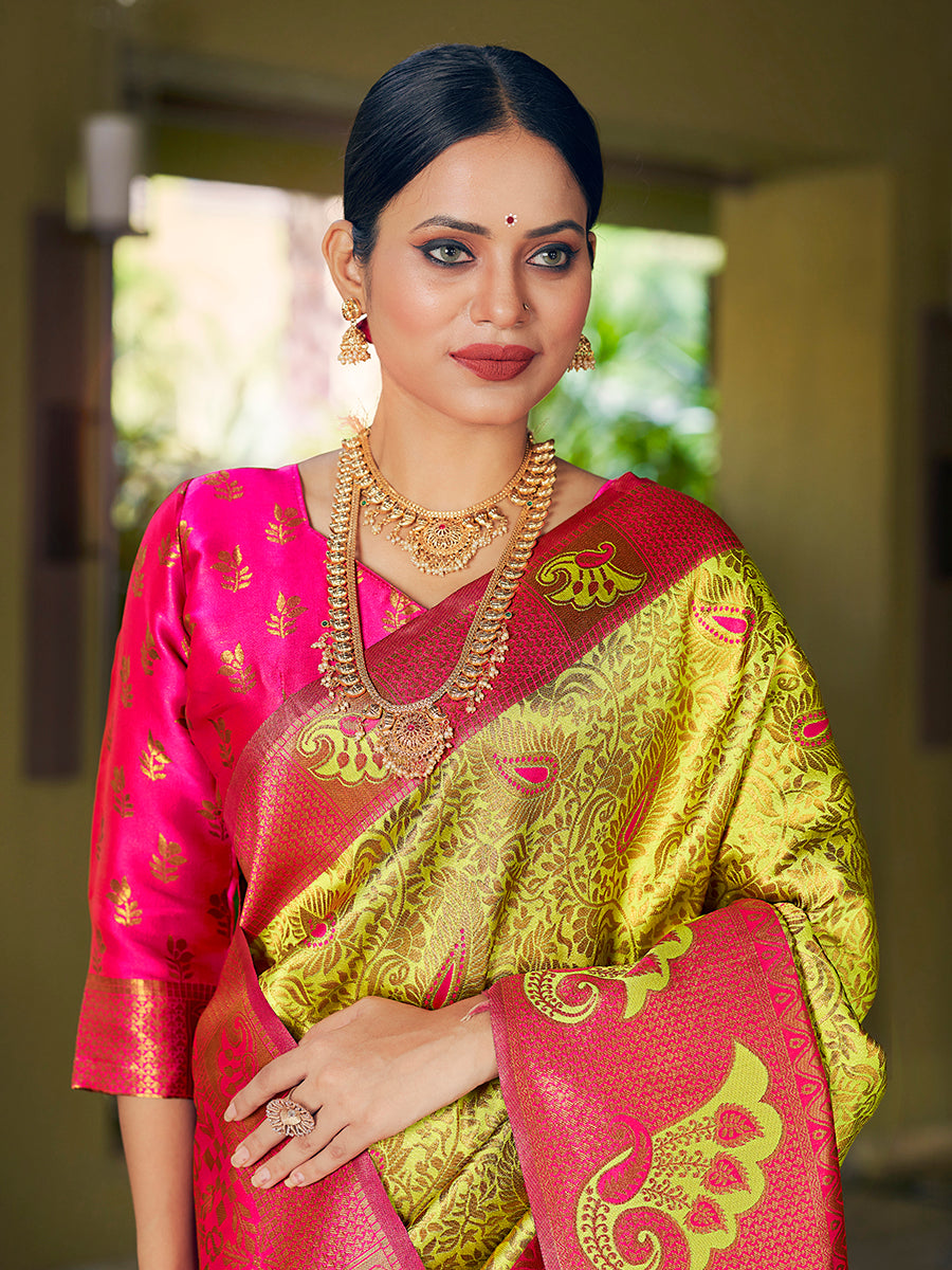 Yellow & Pink Banarasi Silk Woven Wedding Saree