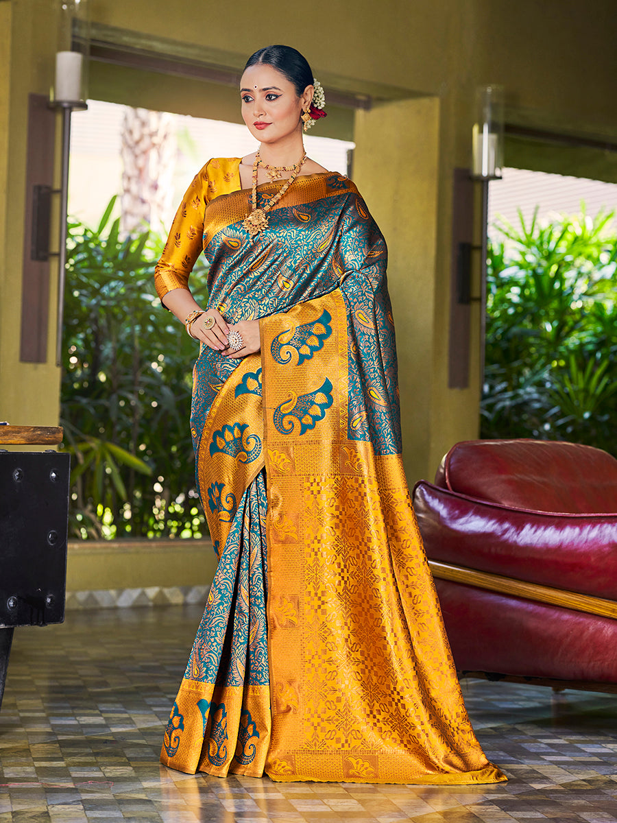 Rama & Yellow Banarasi Silk Woven Wedding Saree