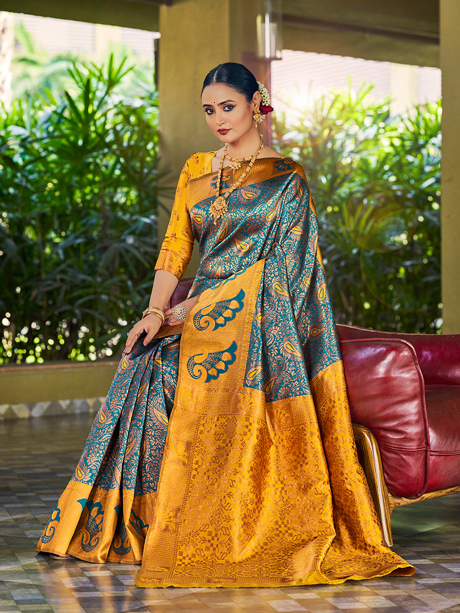 Rama & Yellow Banarasi Silk Woven Wedding Saree