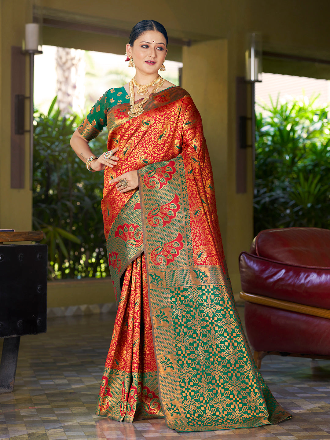 Red & Green Banarasi Silk Woven Wedding Saree