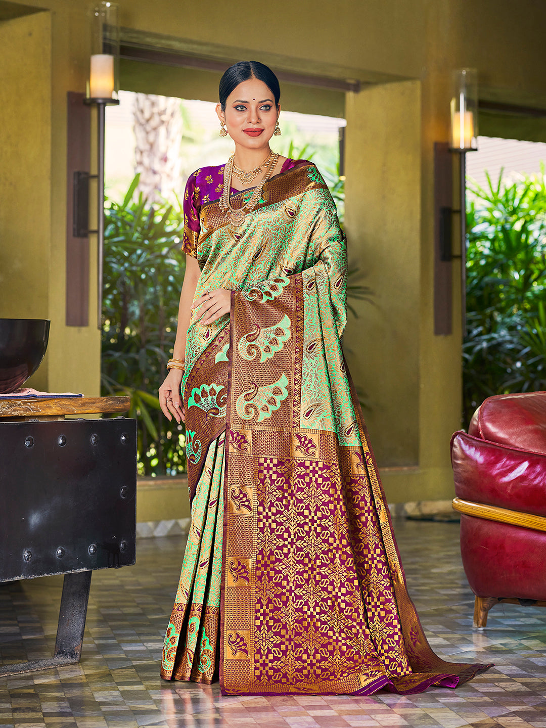 Sea Green & Purple Banarasi Silk Woven Wedding Saree