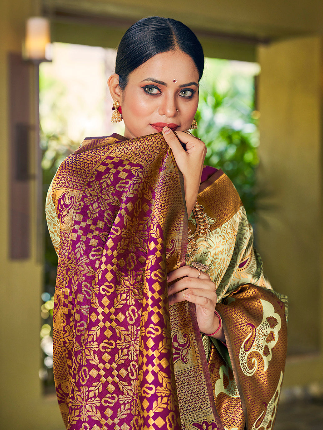 Sea Green & Purple Banarasi Silk Woven Wedding Saree