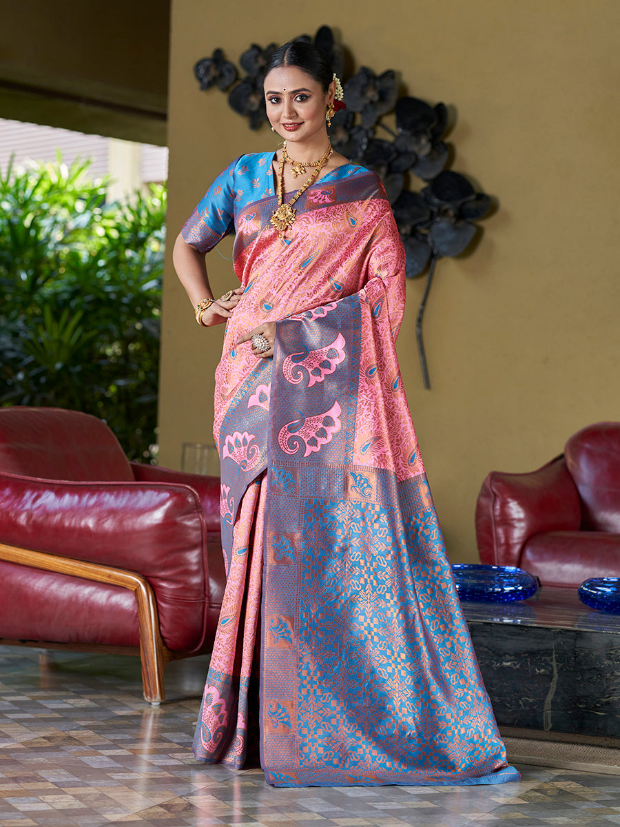 Pink & Blue Banarasi Silk Woven Wedding Saree