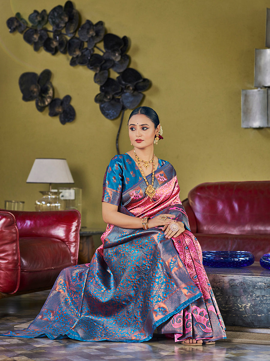 Pink & Blue Banarasi Silk Woven Wedding Saree