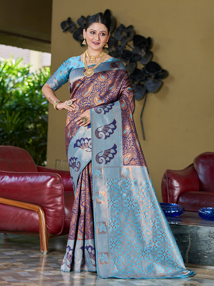 Navy Blue Banarasi Silk Woven Wedding Saree