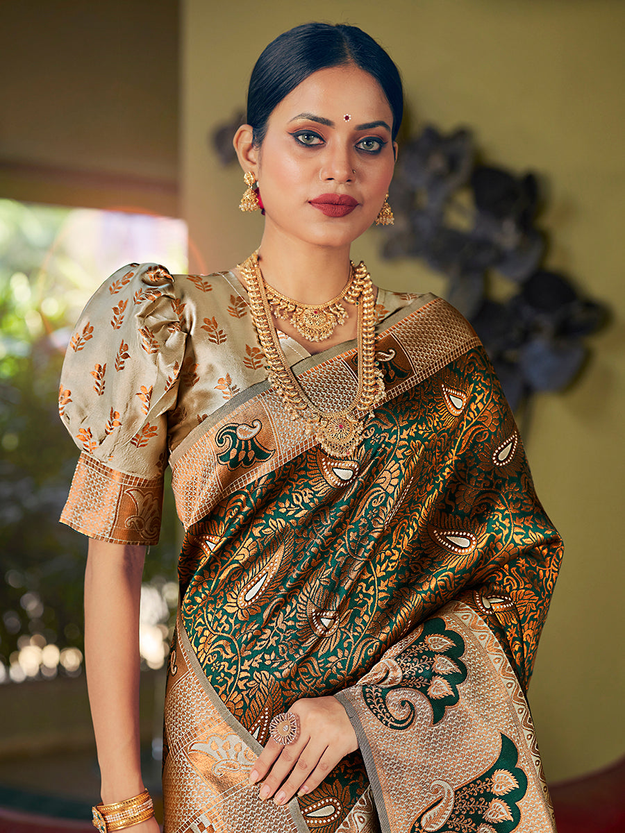Bottle Green Banarasi Silk Woven Wedding Saree